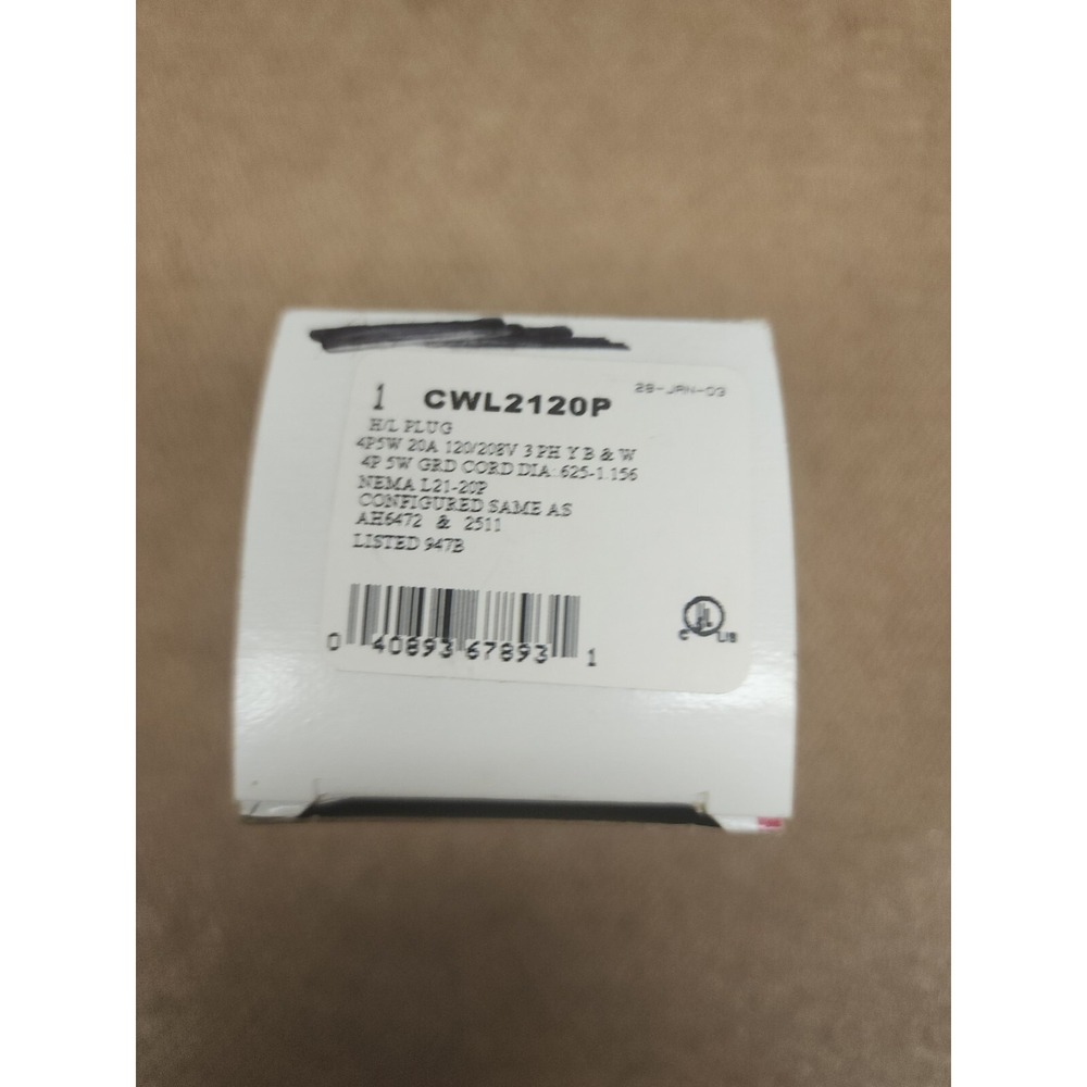 Cooper Locking Plug CWL2120P Turn Hart-Lock L21-20P 20A 120/208V 3Ø NOS NIB